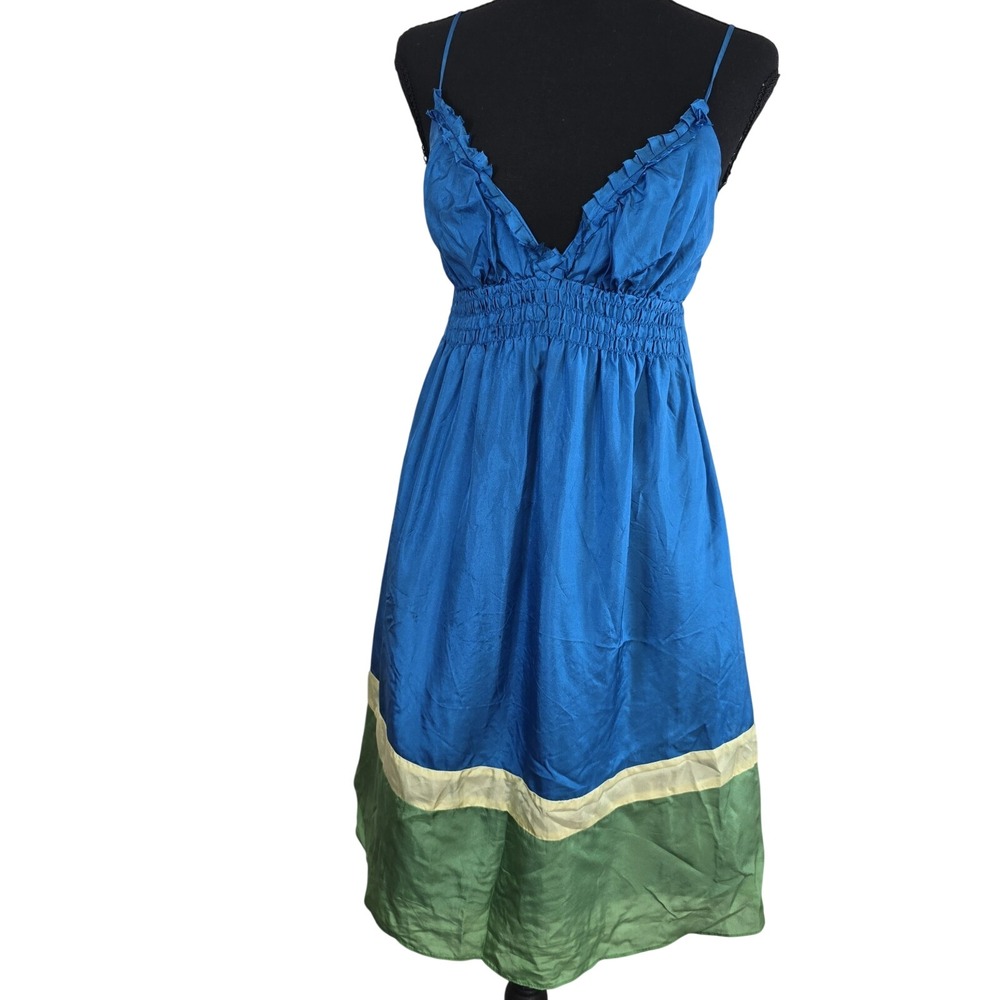 VTG ABS Allen Schwartz VNeck Lined Dress Sz 6 100% Silk Blue/Green
